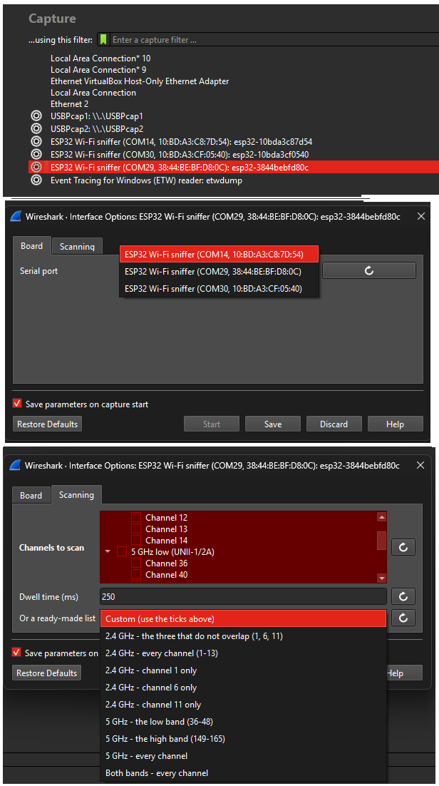 Three ESP32 boards in Wireshark's interface list; the interface options dialog showing the serial port picker and the channel tick list with a drop-down of ready-made channel lists.