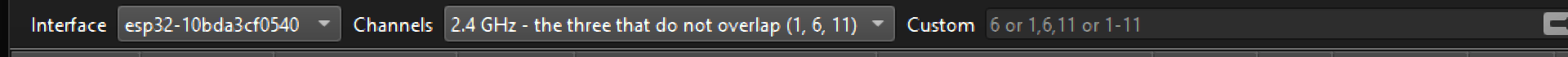 The ESP32 sniffer toolbar inside Wireshark: a board selector, a Channels drop-down and a Custom text box.