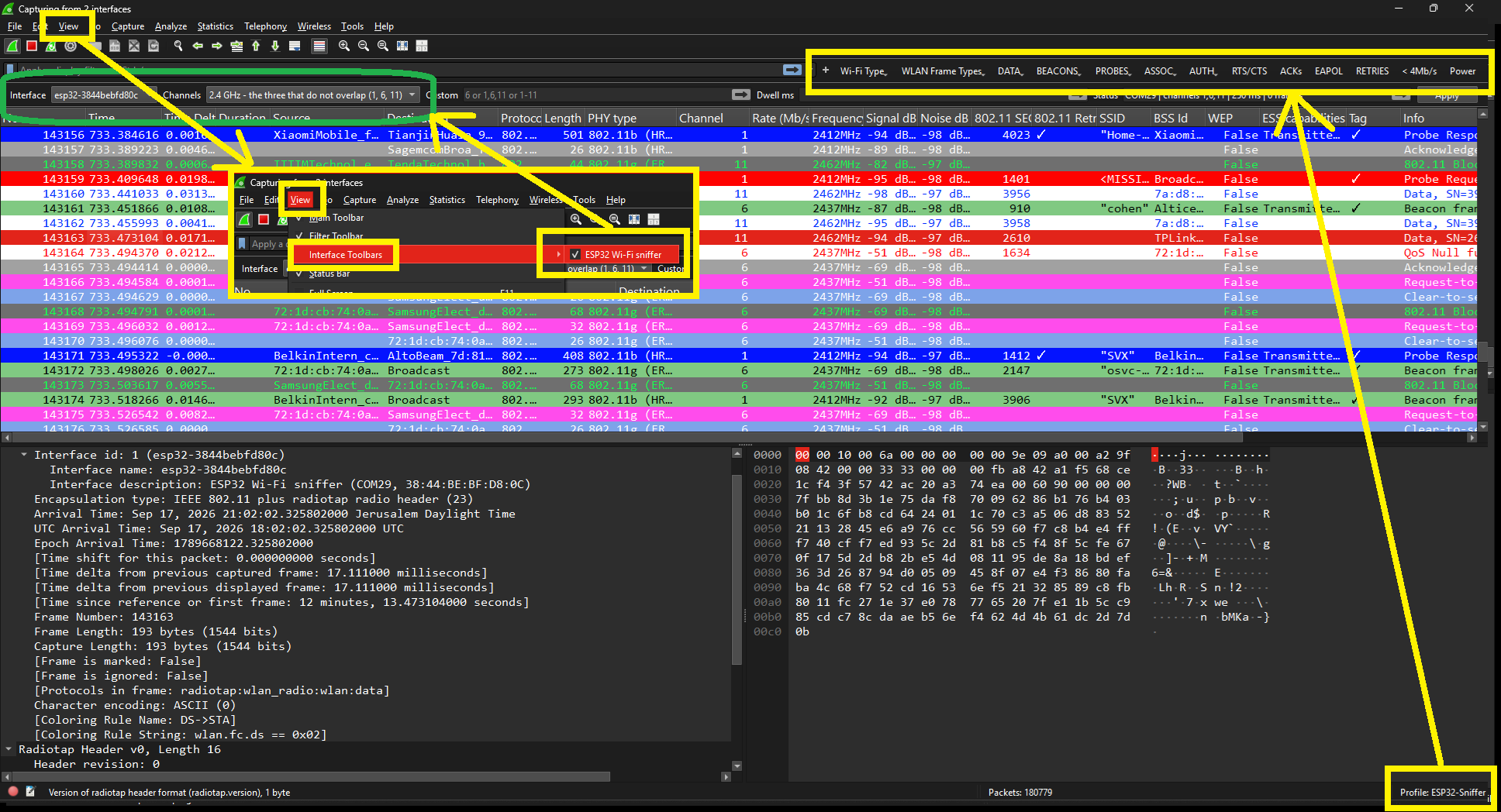 Wireshark capturing from two ESP32 sniffer interfaces at once, showing Wi-Fi columns for PHY type, channel, rate, frequency, signal and noise.